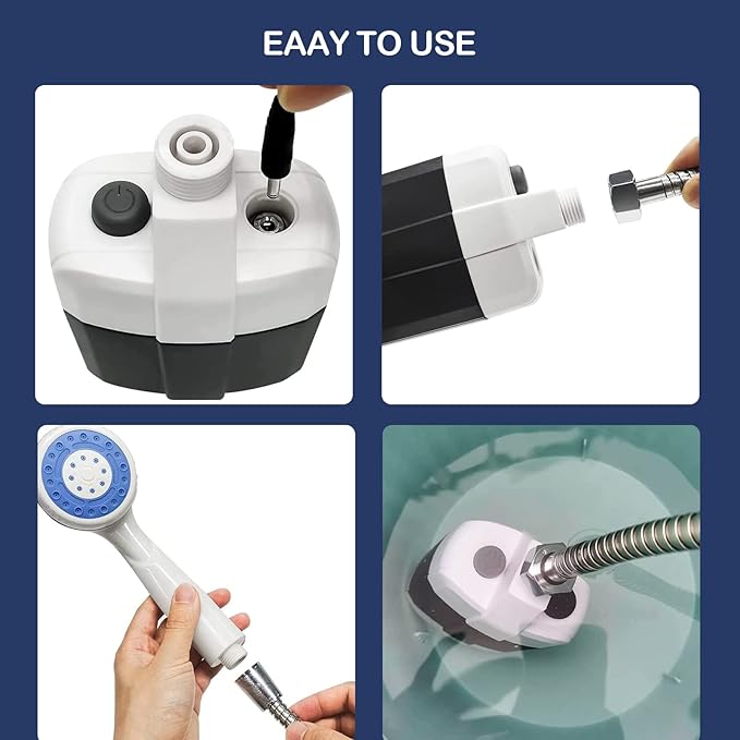 Rechargeable portable camping shower for outdoor use, travel, pets, and car washing.