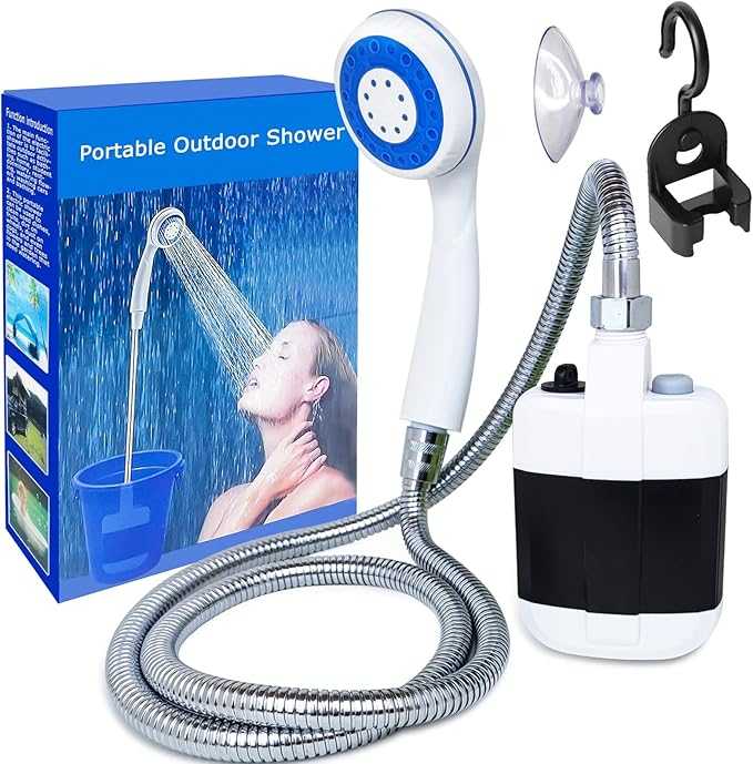 Rechargeable portable camping shower for outdoor use, travel, pets, and car washing.