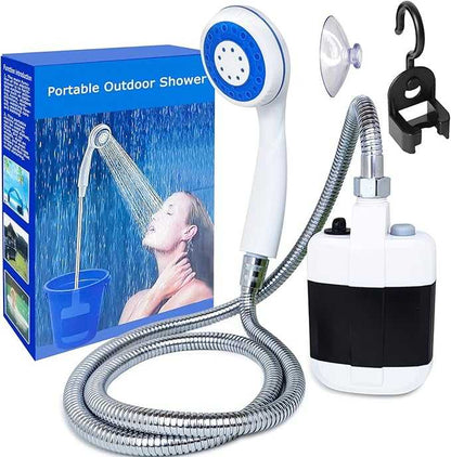 Rechargeable portable camping shower for outdoor use, travel, pets, and car washing.