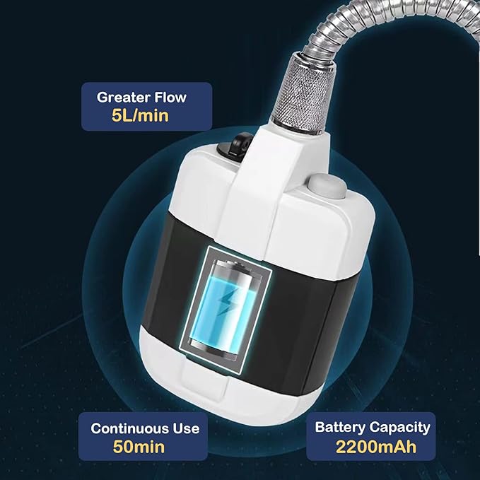 Rechargeable portable camping shower for outdoor use, travel, pets, and car washing.